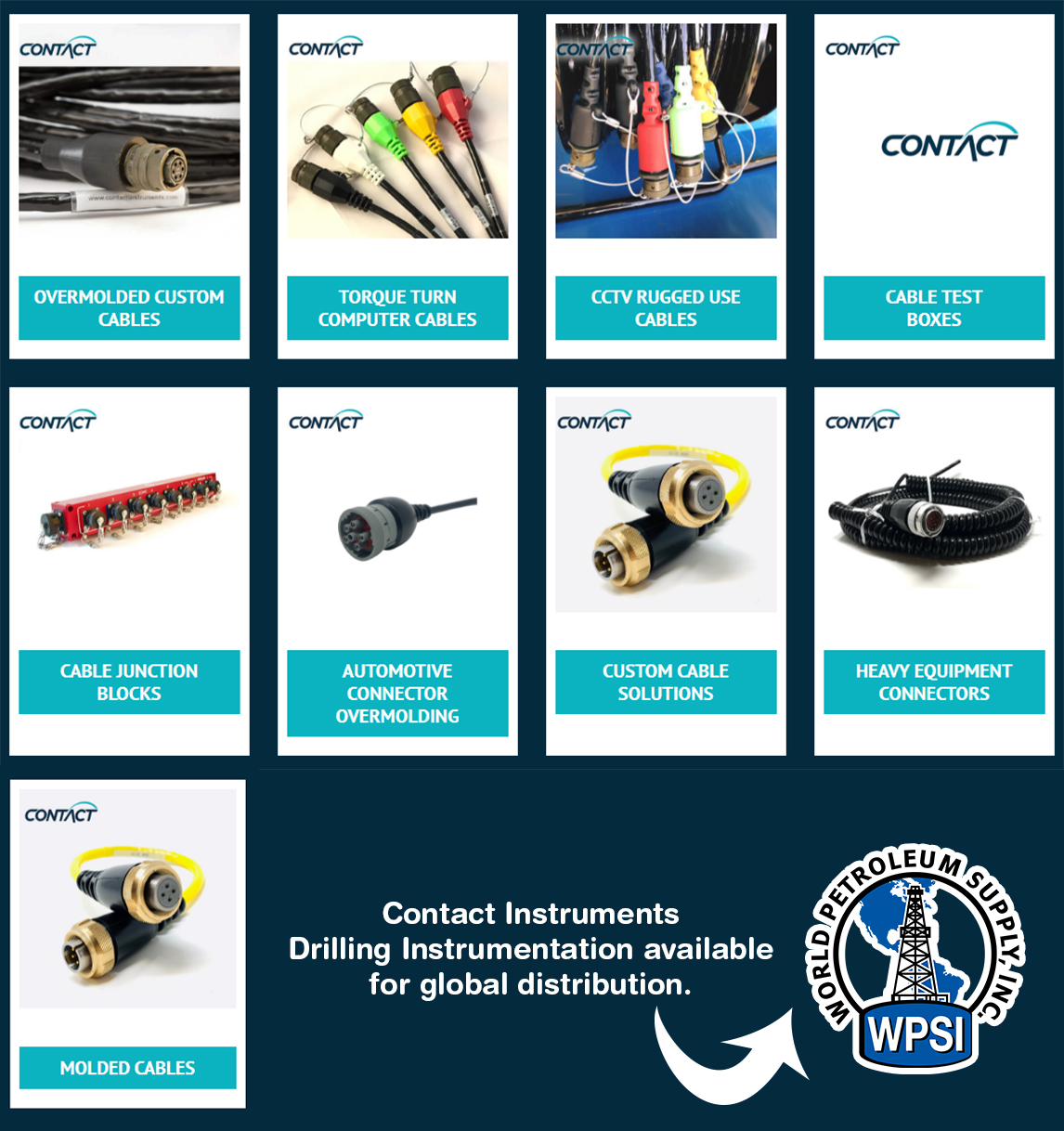 Custom Cables include molded custom cables, torque-turn computer cables, CCTV rugged use cables, as well as cable test boxes and junction blocks available at World Petroleum Supply.